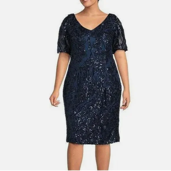 Alex Evenings Plus Size Navy V-neck Sequin Flutter Sleeve Sheath Dress